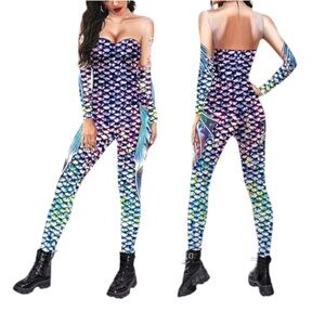 Women's Fish Scale Print Jumpsuit Mermaid Costume Full Length Bodysuit Cos Play